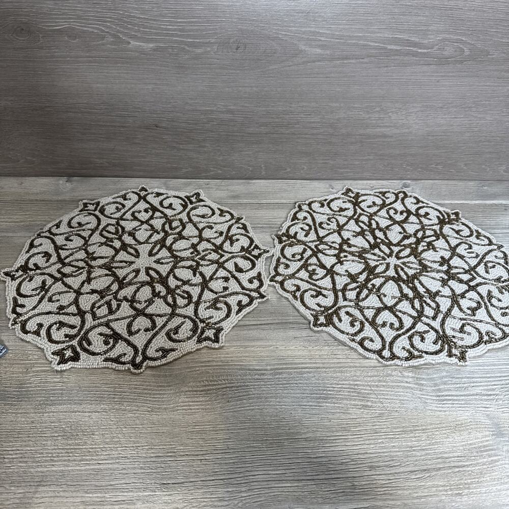 Nicole Miller White and Gold Beaded Placemat lot of 2 NWT